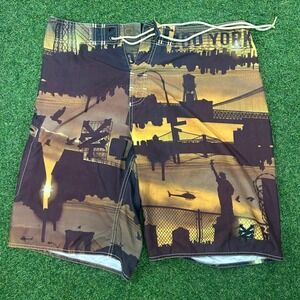 Zoo York Mens Board Shorts Brown Yellow‎ NYC Skyline Graphic Swim Trunks Size 36